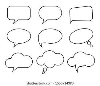 Blank empty speech bubble with square, balloon, and cloud shape. Flat outline vector illustration