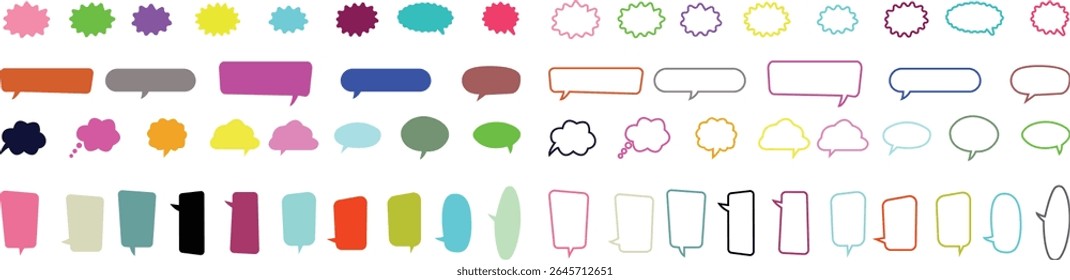 Blank empty speech bubbles chat icon set. Retro colorful special offer design elements, chat emblem, black callout sign collection Isolated on transparent background. Vector illustration for web app.