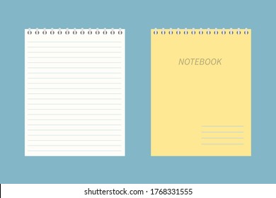 Blank empty spiral yellow Notepad, Notebook. Closed and open notebook. Vector icon in a flat style isolated on a blue background. Concept of education, learning, studying, back to school.