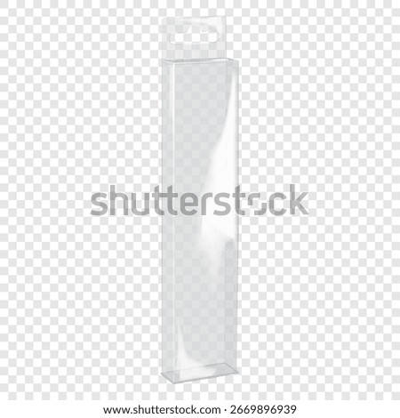 Blank empty tall narrow clear plastic box with tuck-in flap and euro hole tab. 3d mockup. Hanging rectangle transparent PVC container. Realistic vector mock-up. Template for design
