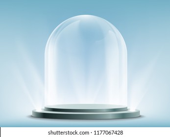 Blank empty and transparent glass dome on podium. Template mock-up for exhibition, advertising and presentation. Stock vector illustration.