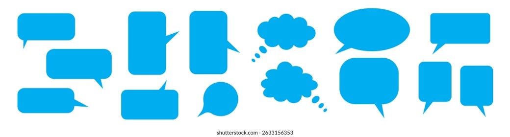 Blank empty vector white speech bubbles. Cartoon balloon word design. Set of blue speech bubbles shapes isolated on transparent background. Speak bubble text, cartoon chatting box, message box. 