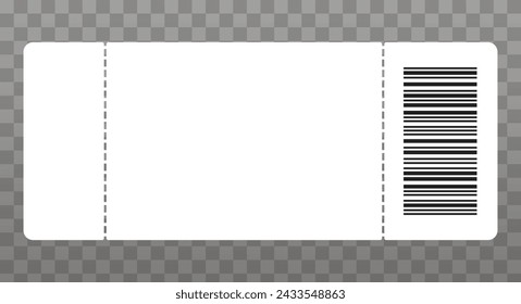 Blank empty white event ticket template. Concert ticket, lottery coupon. Flat vector illustration isolated on checkered transparent background.