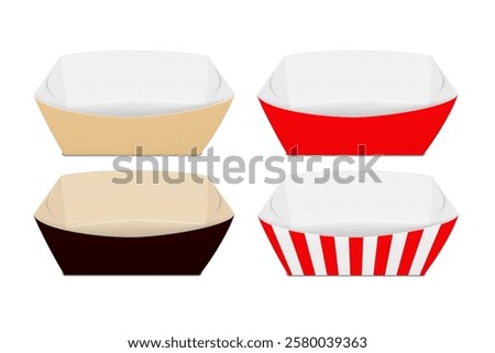 Blank empty white paper food tray. Kraft, red, black, striped. 3d mockup set. Easy editable. Fast food snack, dessert paperboard serving boat container packaging. Realistic vector mock-up. Template