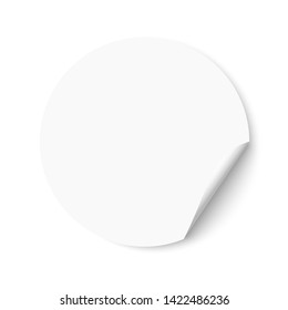 Blank empty white round sticker with a turned edge. Promotional sticker on white background.