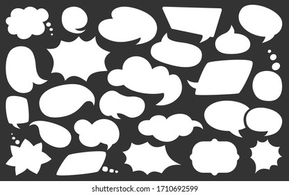 Blank empty white speech bubbles flat cartoon set. Comic design elements dialog white clouds icon. Speech thought blobs comics, balloon chat banner. Blank apps and website. Vector illustration