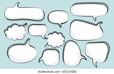 Blank empty white speech bubbles on skyblue background.