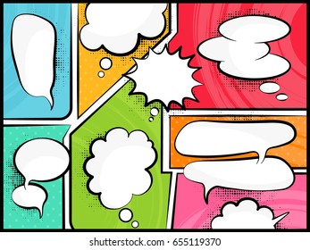 Blank empty white speech bubbles on colorful retro background.