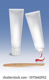 Blank empty white toothpaste tube.Hygiene concept with eco bamboo brush. Realistic eps10 vector.