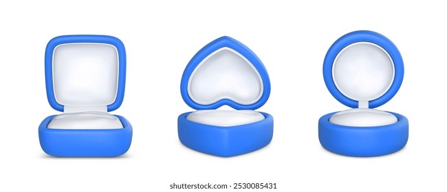 Cajas de joyería de anillo de compromiso en blanco. Cajas de anillo de boda azul. Ilustración vectorial