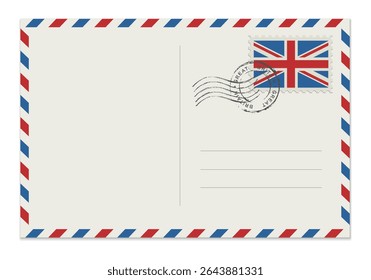 Blank English postcard with rubber stamp. Mockup realistic postcard  and postage stamp with Great Britain flag.
