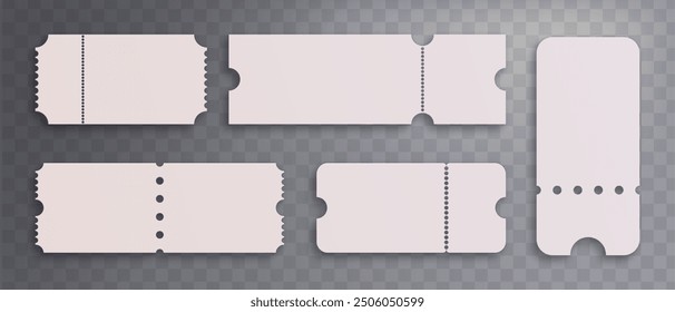 Blank entry tickets set isolated on transparent background. Vector realistic illustration of white coupon mockup with empty space for design, admission card for concert, theater event, discount offer
