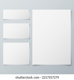 Blank envelope and business card set isolated on gray background. Four white realistic sheet papers with shadow. Mockup template for your design. 3d vector illustration
