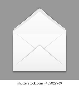 Blank envelope isolated on gray background vector design mockup. Paper opened envelope for business, illustration white envelope for letter and message