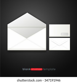 Blank envelope mockup template in three views. Vector illustration.