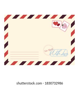 Sobre en blanco con sellos postales. Ilustración vectorial de carta en estilo de caricatura plana.  Elemento de imagen clip-art moderno para web e impresión. Concepto de oficina de correos y comunicación. Aislado en blanco.