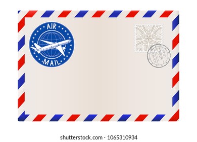 Blank envelope with stamp and air mail postmark. Vector illustration