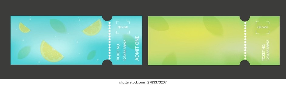 Blank event ticket templates with summer lime and citrus theme. Horizontal vector vouchers for music festivals, pool parties, or drink coupons. Minimalist style with gradient backgrounds.