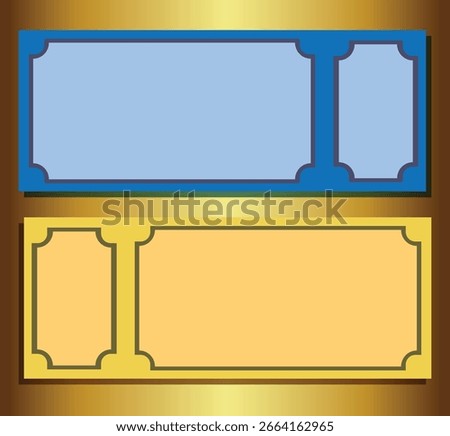 Blank event tickets template two colors gold background customizable layout