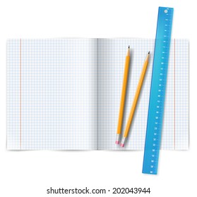 Blank exercise math book with blue ruler and pencils. Vector illustration.