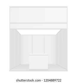 Blank exhibition booth mockup with table and billboard - front view. Vector illustraion