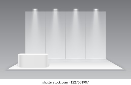 Blank Exhibition Trade Show Booth. White Empty Promotional Advertising Stand With Desk. Presentation Event Room Display. Vector Mockup