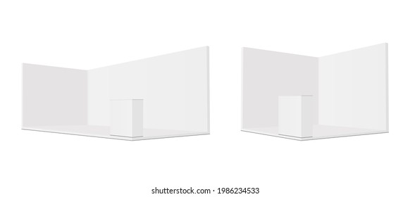 Blank Exhibition Trade Show Booth With Demonstration Table, Rectangular And Square Mockup, Side View. Vector Illustration