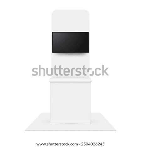 Blank Exhibition TV Monitor Stand with Table, Front View, Isolated On White Background. Vector Illustration