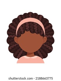 The Blank Face of a Cute Afro Girl with Curly Hair. Template. Little Black Preschool Girl in Peach Blouse and Headband with Empty Face. Faceless. White background. Vector illustration.