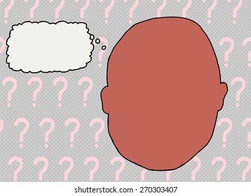 Blank face over question marks with thought bubble