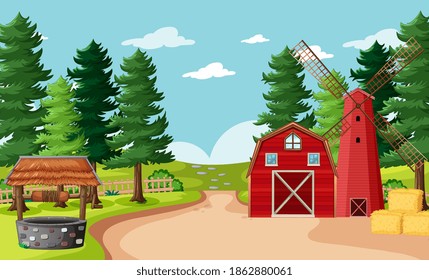 Blank farm scene in cartoon style illustration