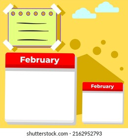 Blank February Single Calendar Template And Blank Sticky Notes. Templates Suitable For Social Media Content.