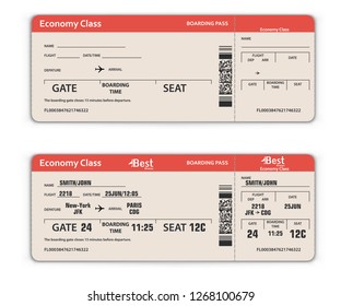 Blank and Filled in Airport Boarding Pass Template. Travel Concept. Vector Illustration.