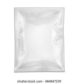 Blank Filled Retort Foil Flexible Pouch Bag Packaging. For Medicine Drugs Or Food Product. Illustration Isolated On White Background. Mock Up Template Ready For Your Design. Vector EPS10