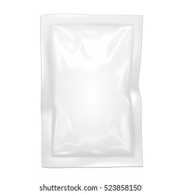 Blank Filled Retort Foil Flexible Pouch Bag Packaging. For Medicine Drugs Or Food Product. Illustration Isolated On White Background. Mock Up Template Ready For Your Design. Vector EPS10