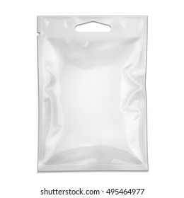 Blank Filled Retort Foil Pouch Bag Packaging With Zipper, Hang Slot. Medicine Drugs Or Food Product. Illustration Isolated On White Background. Mock Up Template Ready For Your Design. Vector