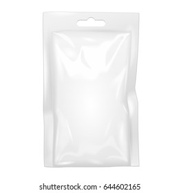 Blank Filled Retort Foil Pouch Sachet Bag Packaging. For Medicine Drugs Or Food Product. Illustration Isolated On White Background. Mock Up Template Ready For Your Design. Vector EPS10