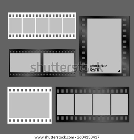 Blank film strip frames set in black and white with horizontal and vertical formats for photo or video editing isolated on dark background retro cinema style film roll templates