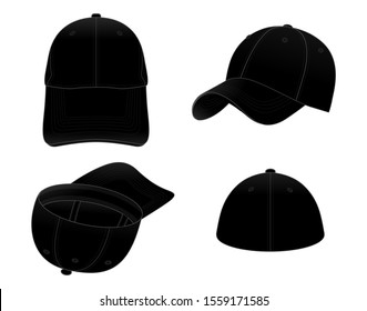 Blank Fit Black Baseball Cap with Elastic for Template on White Background, Vector File.