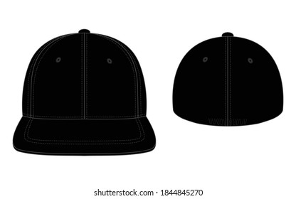 Blank Fit Black Hip Hop Cap Template on White Background. Front and Back View, Vector File.