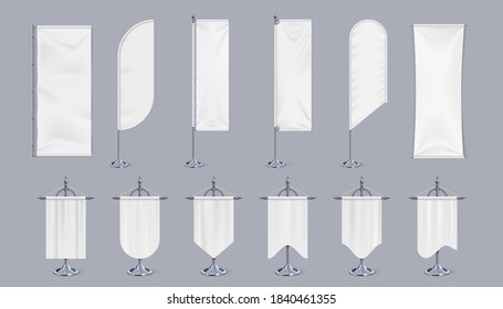 Blank Flag Mockup. Realistic Hanging Banners On Pole, Vertical Chrome Steel Exhibition Stand And Advertising Pennant. White Canvas Template With Place For Logo And Festival Emblem. Vector Isolated Set