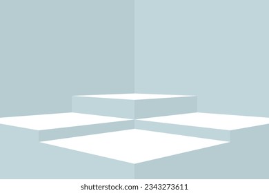 Pabellón de podio de producto blanco y azul blanco en blanco, plataforma de diseño, plataforma escénica, escaparate, aislado en fondo abstracto brillante minimalista. Ilustración vectorial
