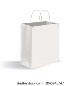 Blank Flat Bottom Takeout Bag With Twisted Handles. Clean Paper Packaging Isolated On White Background. Mock-up. Realistic Vector Illustration For Advertisement, Company Identity Representation.