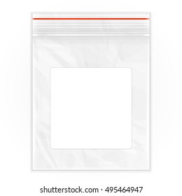 Blank Flat Poly Clear Bag Empty Plastic Polyethylene Pouch Packaging With Zipper, Ziplock, Lable. Illustration Isolated On White Background. Mock Up Template. Ready For Your Design. Vector EPS10