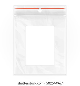 Blank Flat Poly Clear Bag Empty Plastic Polyethylene Pouch Packaging With Zipper, Ziplock, Lable. Illustration Isolated On White Background. Mock Up Template. Ready For Your Design. Vector EPS10
