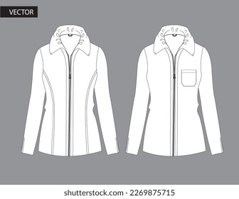 Chaqueta de la cubierta de la lana en blanco con diseño de cremallera completa, ropa deportiva, vista frontal de pista, mujeres y hombres moda ilustración plana CAD