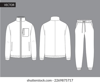 Blank fleece tracktop jacket with full zip design, sportswear, track front view, women and men fashion CAD flat illustration