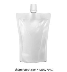 Blank Flexible Pouch With Top Cap. Food Or Drink Bag Packaging, Spout Lid. Illustration Isolated On White Background. Mock Up Template Ready For Your Design. Product Packing. Vector EPS10