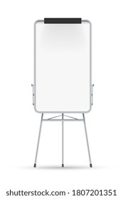 Blank flip chart. Isolated blank white board flipchart on tripod. Vector empty vertical flip chart frame. Education, business presentation and seminar concept