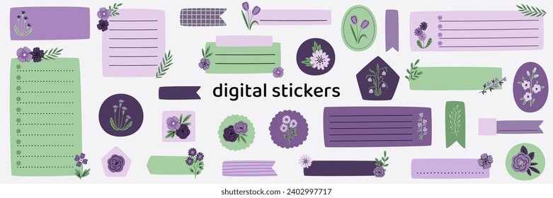 Blank floral digital stickers. Spring stickers. Digital note papers and stickers for bullet journaling or planning. Digital planner stickers. Vector art.